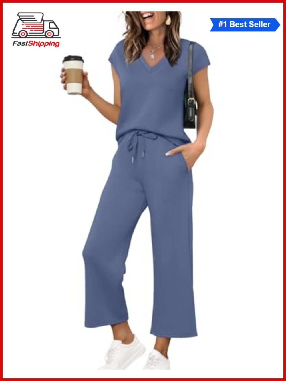 ✨ Saloogoe Two Piece Set V Neck Cap Sleeve Top Wide Leg Pants Lounge Travel